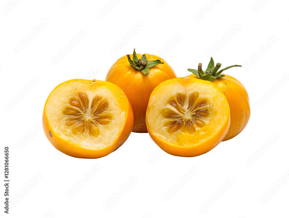 Ripe Yellow Tomatoes Cut in Half, Isolated on Black Background Ripe Yellow Tomatoes Cut in Half, Isolated on Black Background
