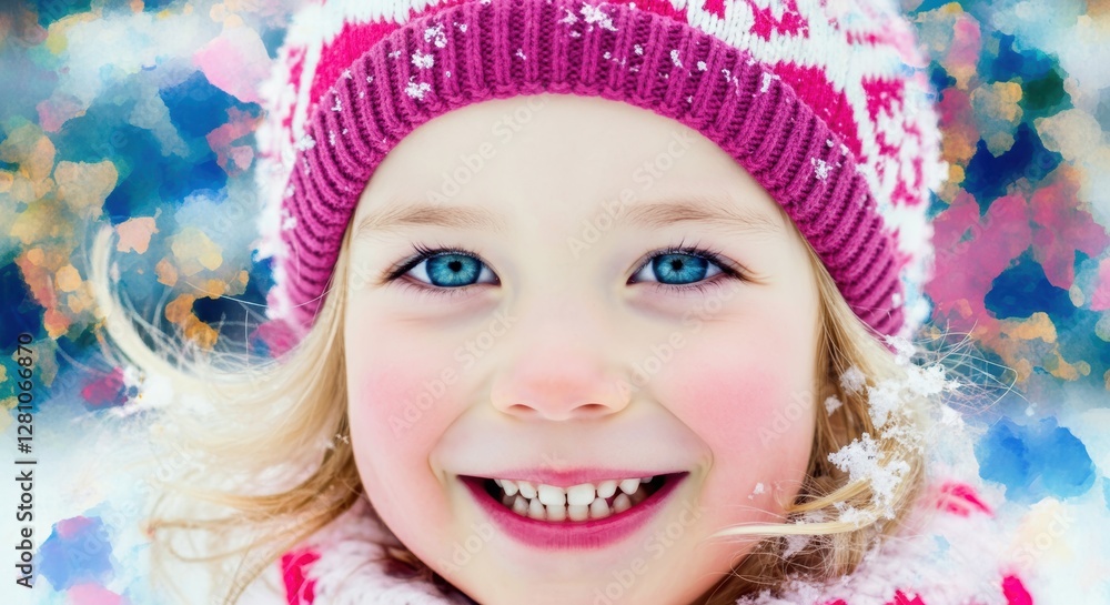 Smiling caucasian child with blue eyes in winter hat against colorful snowy background Smiling caucasian child with blue eyes in winter hat against colorful snowy background