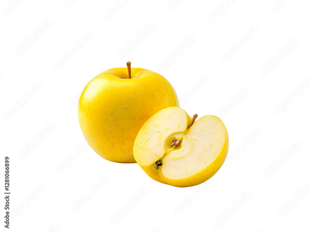 Yellow Apple Sliced and Whole on Black Background. Yellow Apple Sliced and Whole on Black Background.