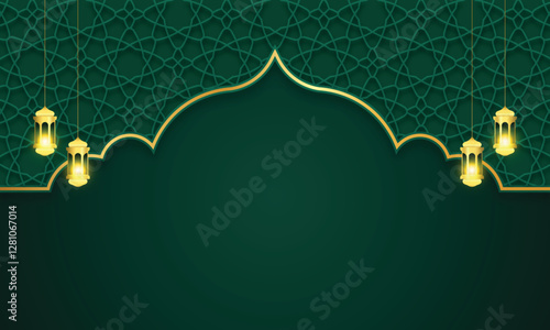green islamic mosque arch ornament frame with lantern hanging blank banner Decoration