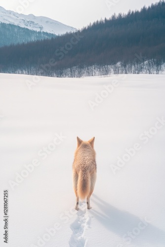 Snowy landscape with fox walking towards distant mountains, sere