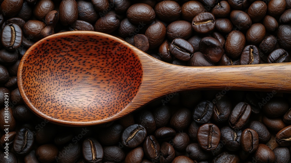 Fototapeta premium Wooden Spoon Resting on Dark Coffee Beans in a Rustic Setting Showcasing Natural Textures and Rich Coffee Aroma