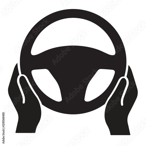 Steering wheel icon. Hands on steering wheel. Driver. Driving car. Test drive. Vector icon isolated on white background