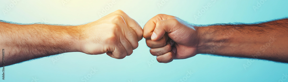 Two hands perform fist bump against blue background symbolizing friendship and support. Two hands perform fist bump against blue background symbolizing friendship and support.