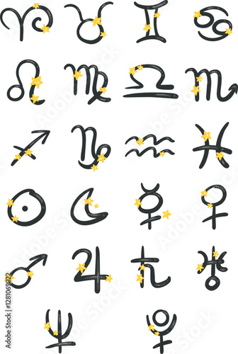 Astrological hand draw symbols with star design decoration on sign of zodiac and galaxy concept.