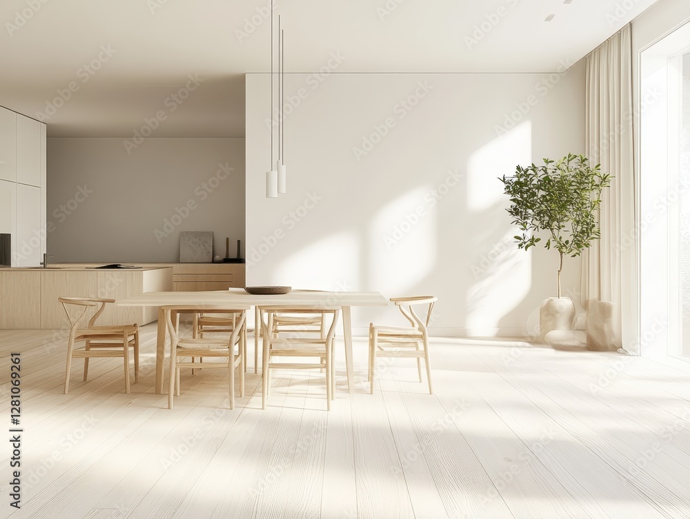 Fototapeta premium A minimalistic dining room with table and chairs