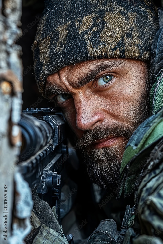 Fototapeta premium Intense Focus of a Sniper in a Concealed Position