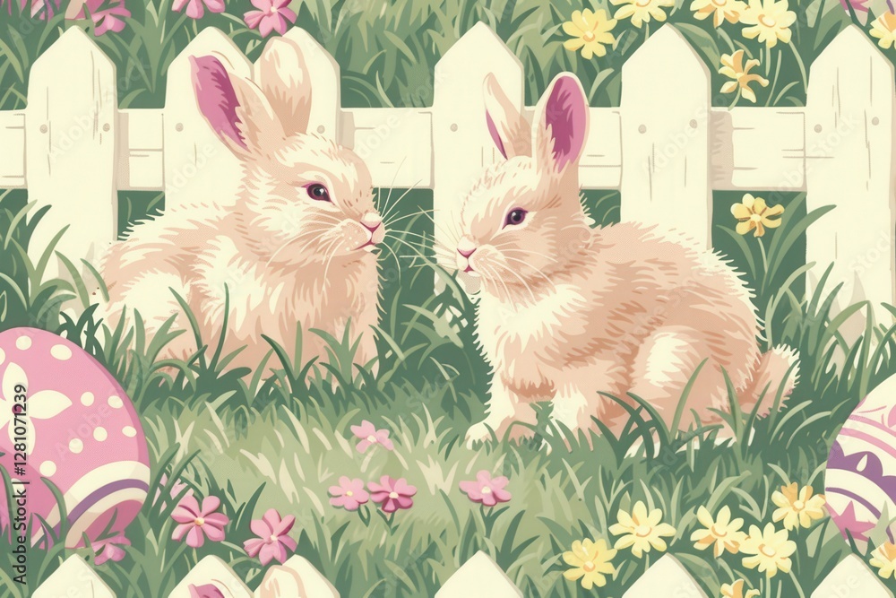 Obraz premium Two rabbits are sitting in a grassy field next to a fence