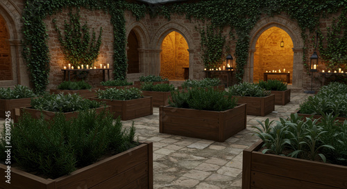 Tranquil courtyard garden with raised herb beds and candlelit ambiance photo