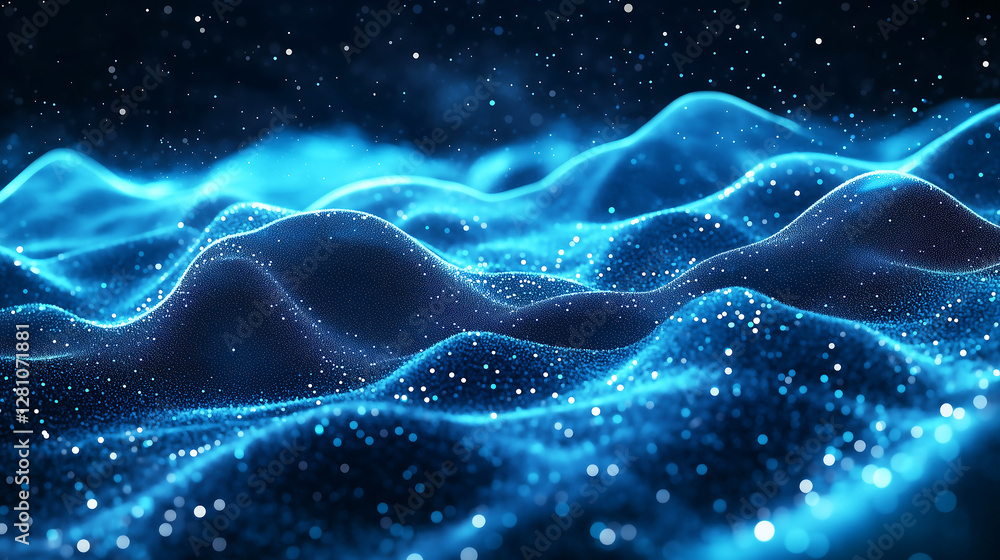 Glowing Blue Digital Waves With Sparkling Particles. Futuristic Abstract Background for Technology, AI, and Data Visualization Glowing Blue Digital Waves With Sparkling Particles. Futuristic Abstract Background for Technology, AI, and Data Visualization