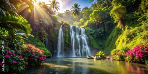 Waterfall in tropical island, lush greenery, trees, flowers, sunlit, Sunlit, Landscape