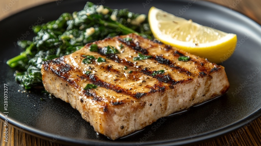 Grilled fish fillet served with sautéed greens and a lemon wedge on a black plate. Grilled fish fillet served with sautéed greens and a lemon wedge on a black plate.