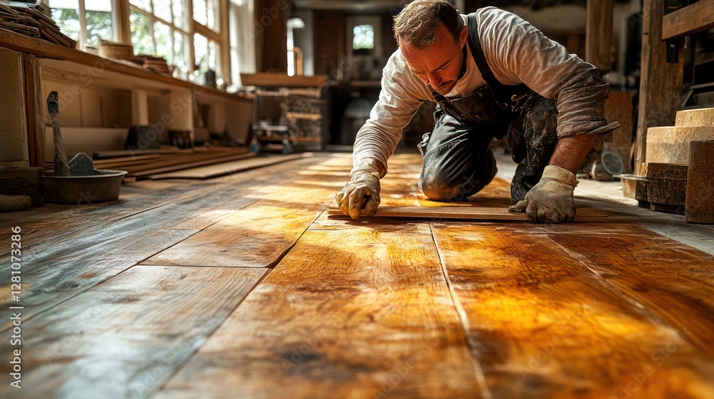 A carpenter trims wooden floor edges to fit the room, as sunlight from the windows highlights the rich wood grain. A carpenter trims wooden floor edges to fit the room, as sunlight from the windows highlights the rich wood grain.