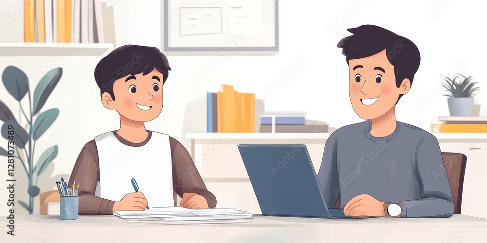 Teacher helping latin boy with assignment in elementary school, classroom support, scholarship and educator aid, explaining or helping male learner in, Generative AI Teacher helping latin boy with assignment in elementary school, classroom support, scholarship and educator aid, explaining or helping male learner in, Generative AI