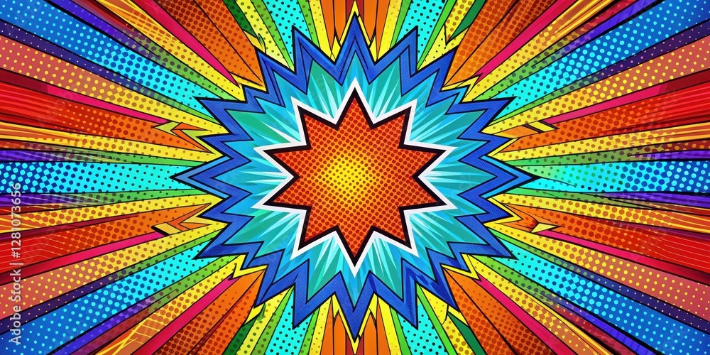 Fototapeta premium Vibrant radial backdrop with stylized comic book-inspired geometric shapes and bold colors creating a dynamic visual effect, abstract geometry, graphic design