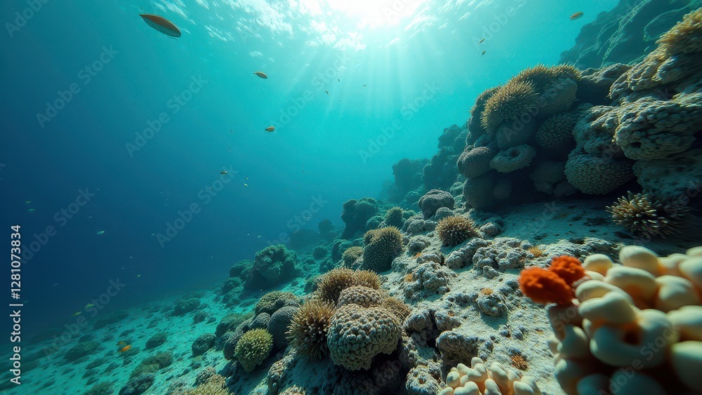 Obraz premium Underwater scene of coral reef impacted by coral bleaching with sunlight 