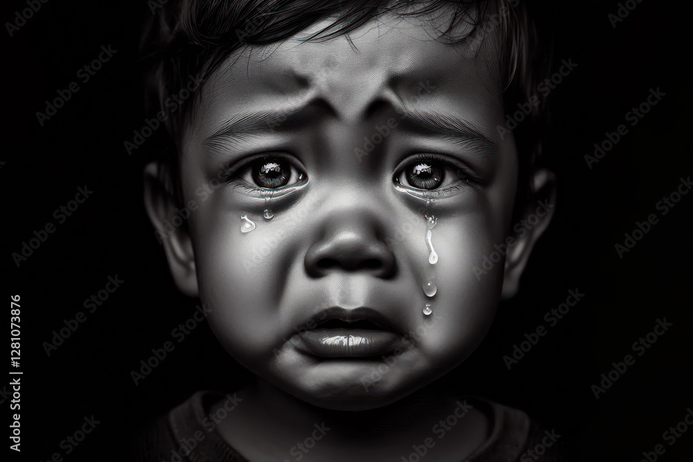 Black and white of close up Portrait of little boy crying with tears rolling down his cheek isolated black Black and white of close up Portrait of little boy crying with tears rolling down his cheek isolated black