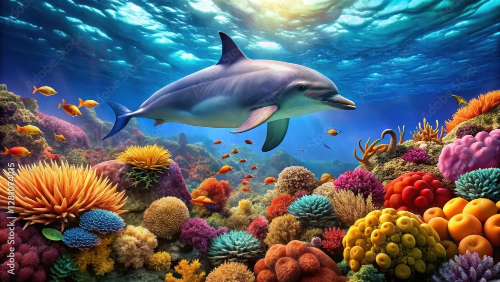 Fototapeta premium Dolphin swimming near colorful coral reef with schools of small fish in the background