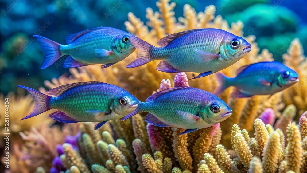 Fototapeta premium Vibrant Reef Inhabitants A School of Iridescent Fish Gracefully Navigating a Coral Garden