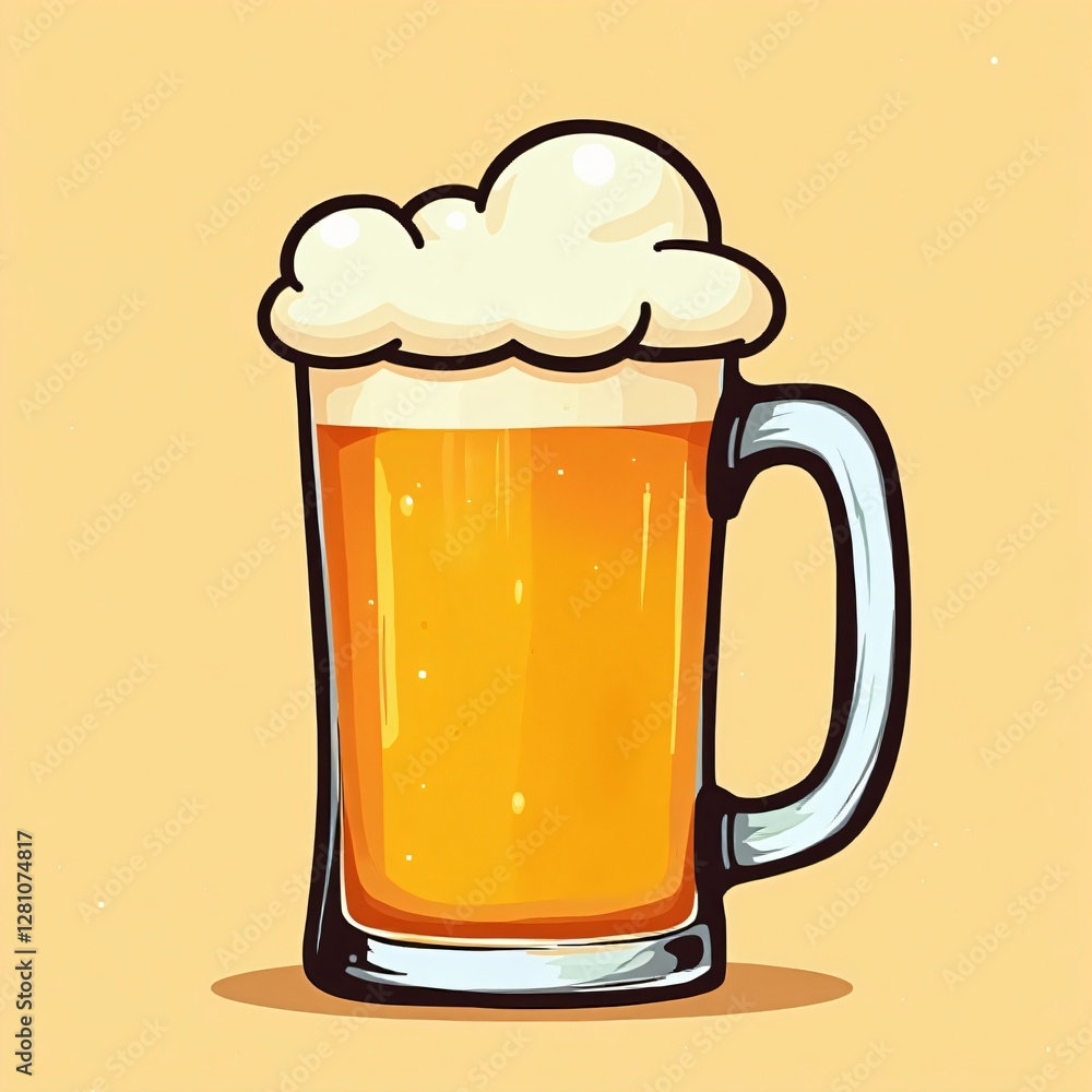 Cartoon illustration of a frothy beer mug on beige background Cartoon illustration of a frothy beer mug on beige background