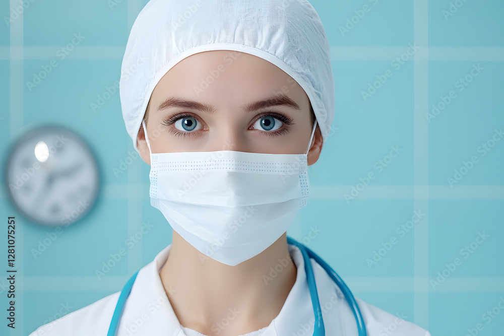 Portrait of a young woman doctor wearing surgical cap looking at the camera Portrait of a young woman doctor wearing surgical cap looking at the camera