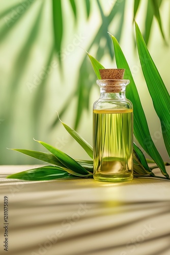 Bamboo oil in a glass bottle with bamboo leaves, hair care