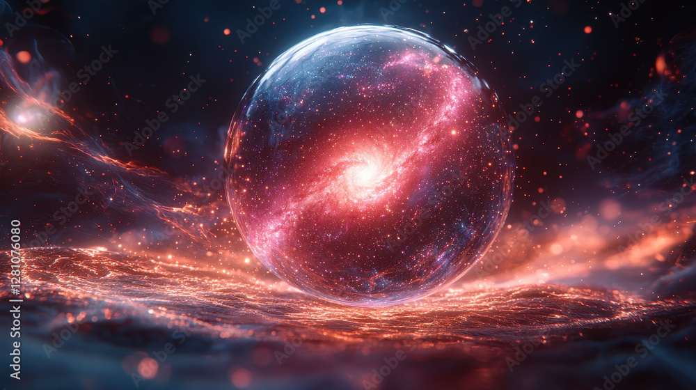 Fototapeta premium Floating glass sphere reveals a miniature galaxy, illuminated by vibrant abstract light trails in a cosmic backdrop
