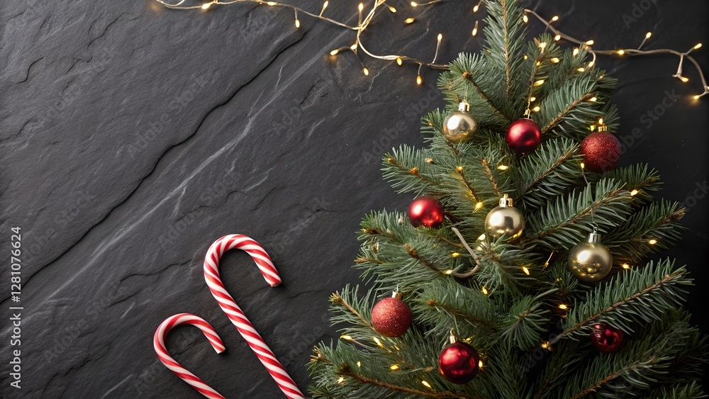 Festive Christmas Tree and Candy Canes on Dark Stone Background