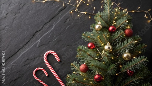 Obraz na płótnie Festive Christmas Tree and Candy Canes on Dark Stone Background w salonie