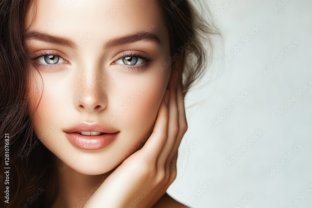 Close-up portrait of a young beautiful woman with flawless skin, natural makeup, and striking blue eyes. Concept of beauty, skincare, cosmetics, glamour, self-care. Beauty industry, skincare, facial Close-up portrait of a young beautiful woman with flawless skin, natural makeup, and striking blue eyes. Concept of beauty, skincare, cosmetics, glamour, self-care. Beauty industry, skincare, facial
