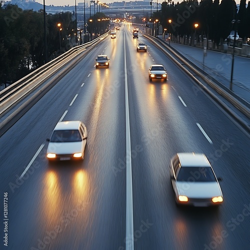 Evening highway traffic, bridge overpass, city lights,  cars in motion