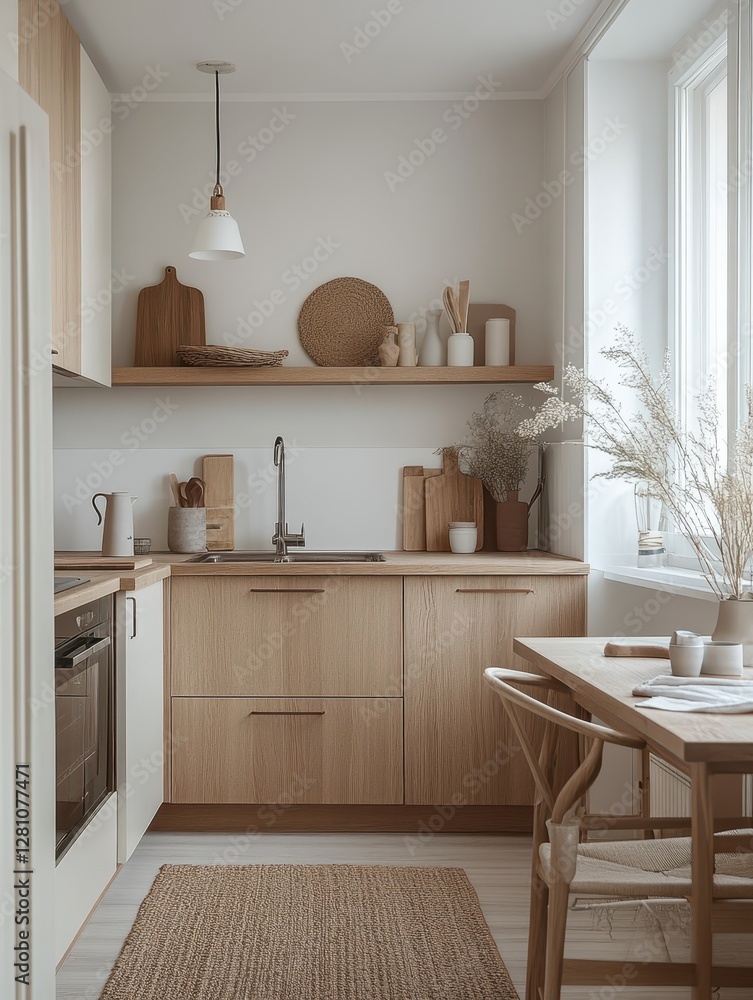 Fototapeta premium The warm light shines on a small kitchen with fixtures