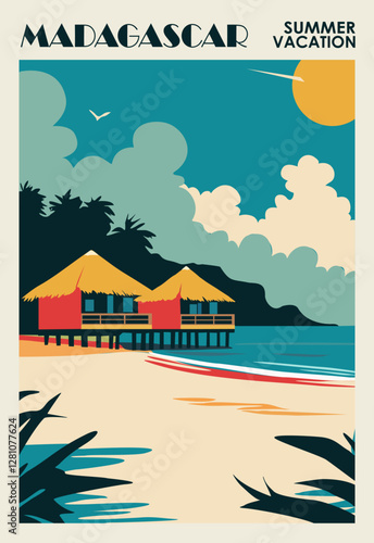 Madagascar travel destination poster in retro style. Ocean beach with bungalows landscape digital print. Flat vector colorful illustration 