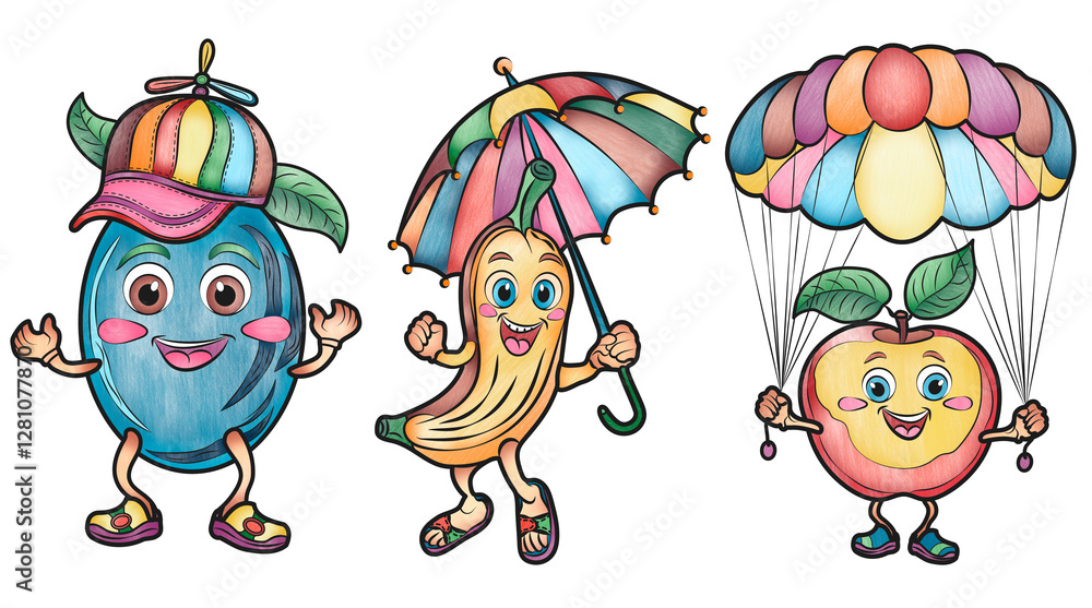 Obraz premium Beautiful cartoon fruits stickers for kids plum lemon banana