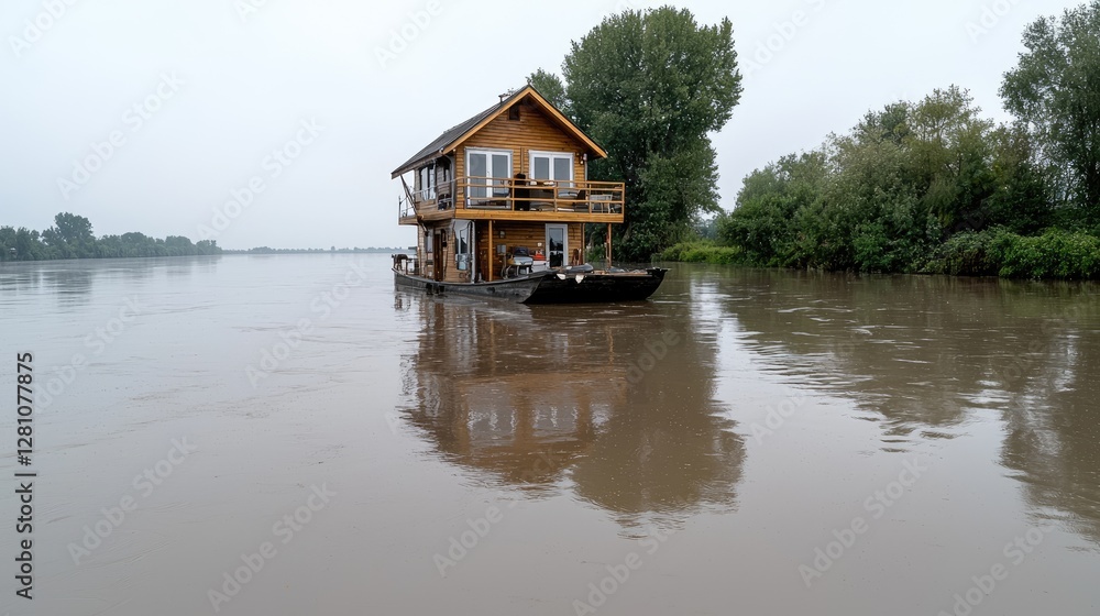 Fototapeta premium Houseboat on River, Calm Water, Misty Day, Tranquil Scenery, Lakeside Retreat, Peaceful Setting, Scenic View