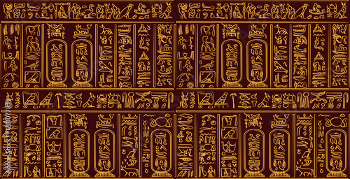Golden ancient egyptian hieroglyphs alphabet pattern over dark wine background. Ancient egyptian and ancient culture concept