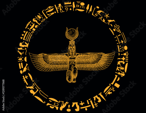 Golden Ancient isis goddess with hieroglyphics and black background. 