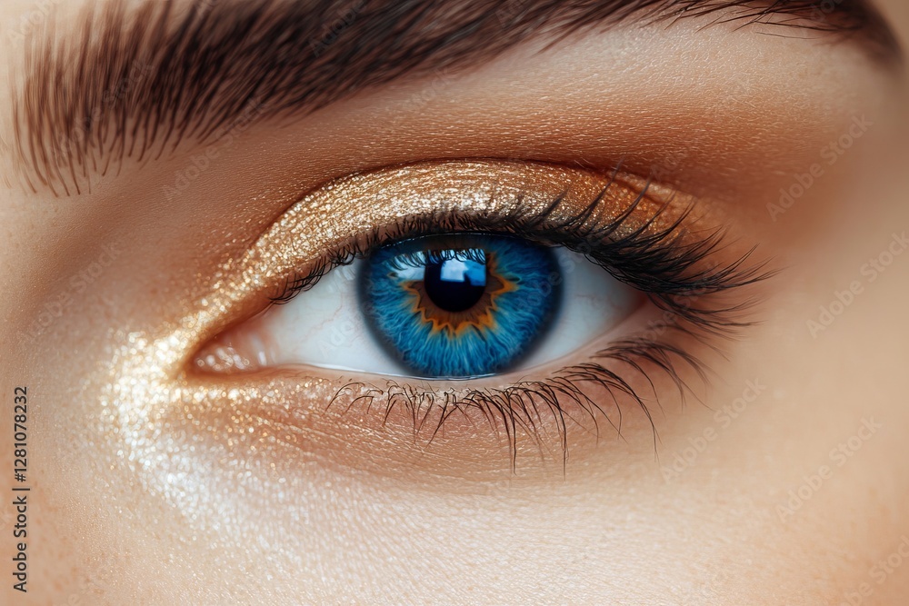 Obraz premium Closeup shot of beautiful female's eye with unusual blue and brown color, beige background, free space, Generative AI