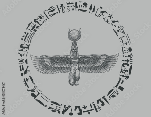 Brown grey isis goddess with hieroglyphics and grey background. 