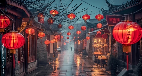 a chinese merchant street with red lanterns