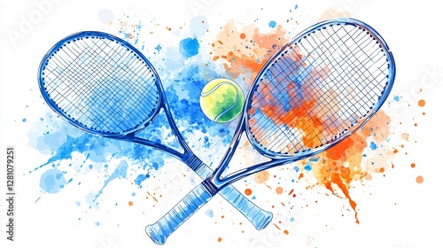 Watercolor Painting of Colorful Tennis Racquets and Balls