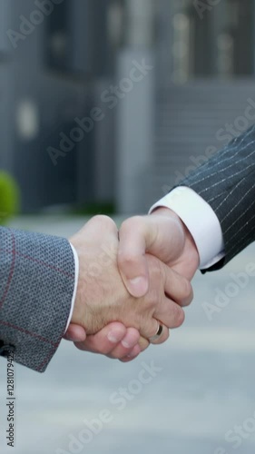 Vertical Format Video of the hands of top managers in business suits. Shake hands with each other, agree to a deal or say hello. Unrecognizable person.