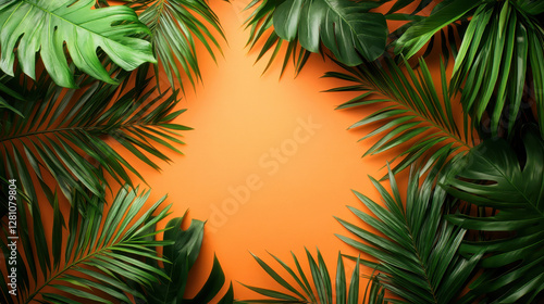 Tropical palm leaves frame on vibrant orange background for design and decoration