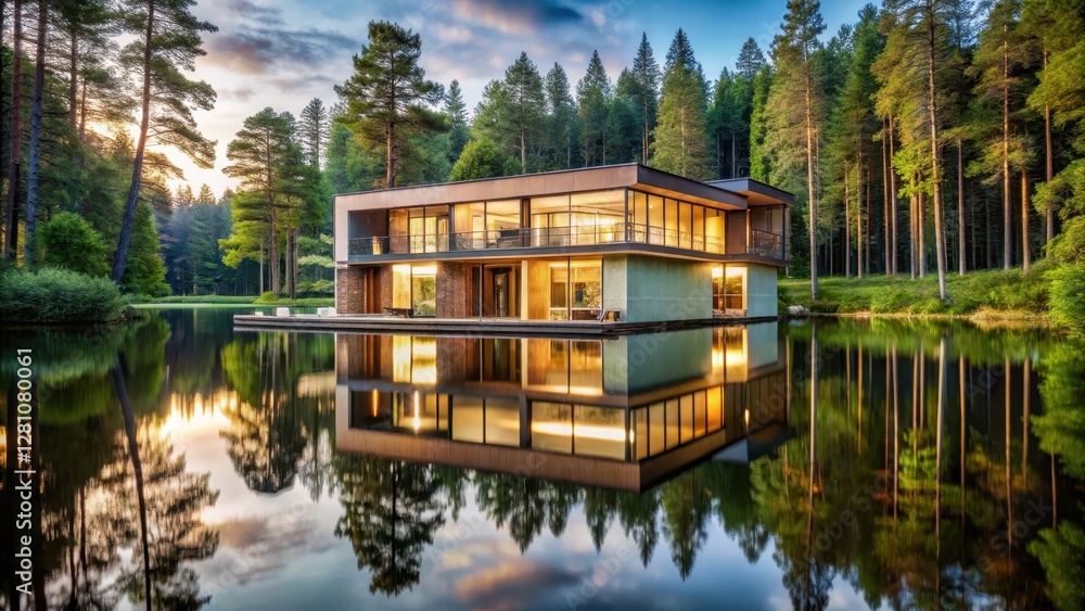 Fototapeta premium A serene modern house blends seamlessly into the surrounding forest near a tranquil lake with trees reflected in its calm waters , tranquility, architecture