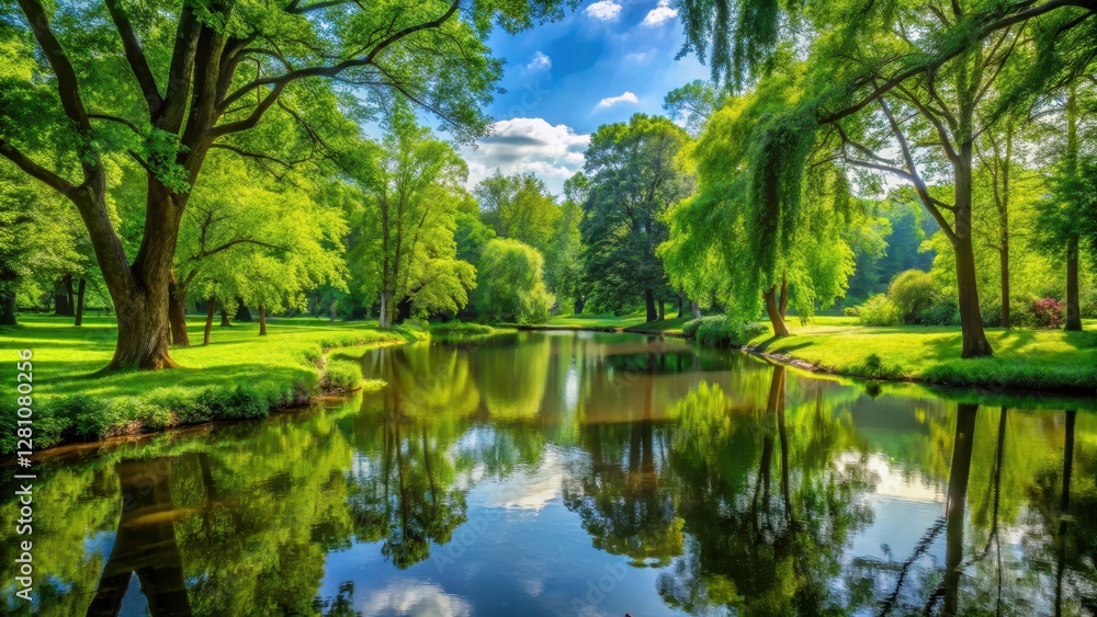 Fototapeta premium A serene park with lush greenery and a peaceful pond surrounded by tall trees, overlooking a tranquil atmosphere, reflecting the beauty of nature, park, natural world