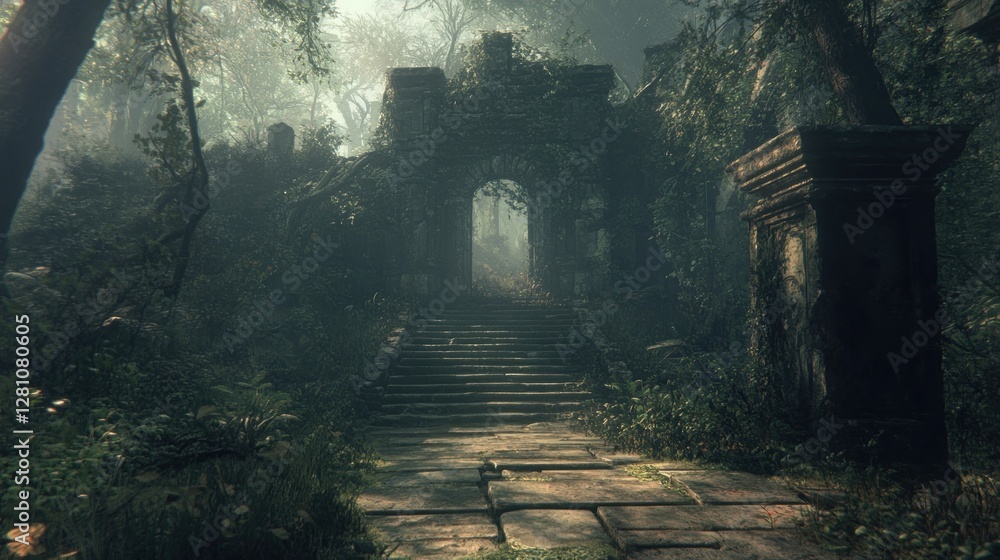 Fototapeta premium Enigmatic Stone Steps Leading to an Ancient Ruin Overgrown by Lush Tropical Foliage