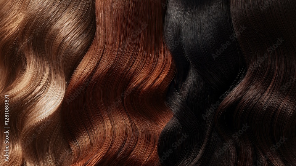 Fototapeta premium Different hair colors displayed in wavy strands showcasing a variety of textures and shades