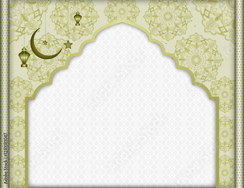 Floral texture Islamic banner background | Abstract vector background with multi pattern object, moon, star, lamp, shadow for Eid, Ramadan, Greeting, Flyer, Decoration with light green yellow color 