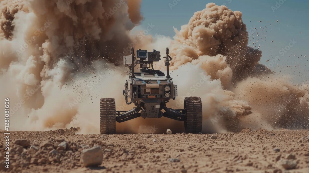 Fototapeta premium A robotic vehicle maneuvers through a swirling dust storm in a barren desert, displaying advanced capabilities in navigating challenging terrain and conditions during a test.