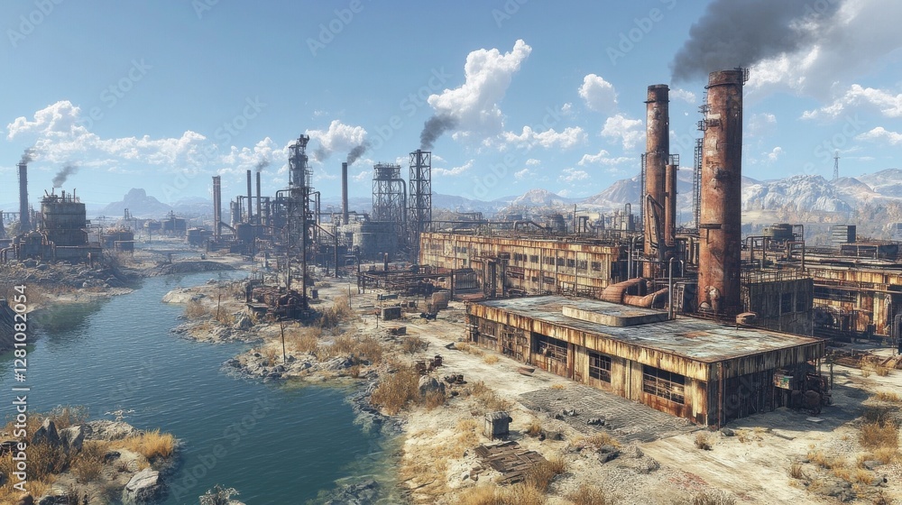 A vast industrial landscape with towering smokestacks, a polluted river, and remnants of factories under a blue sky with scattered clouds. A vast industrial landscape with towering smokestacks, a polluted river, and remnants of factories under a blue sky with scattered clouds.